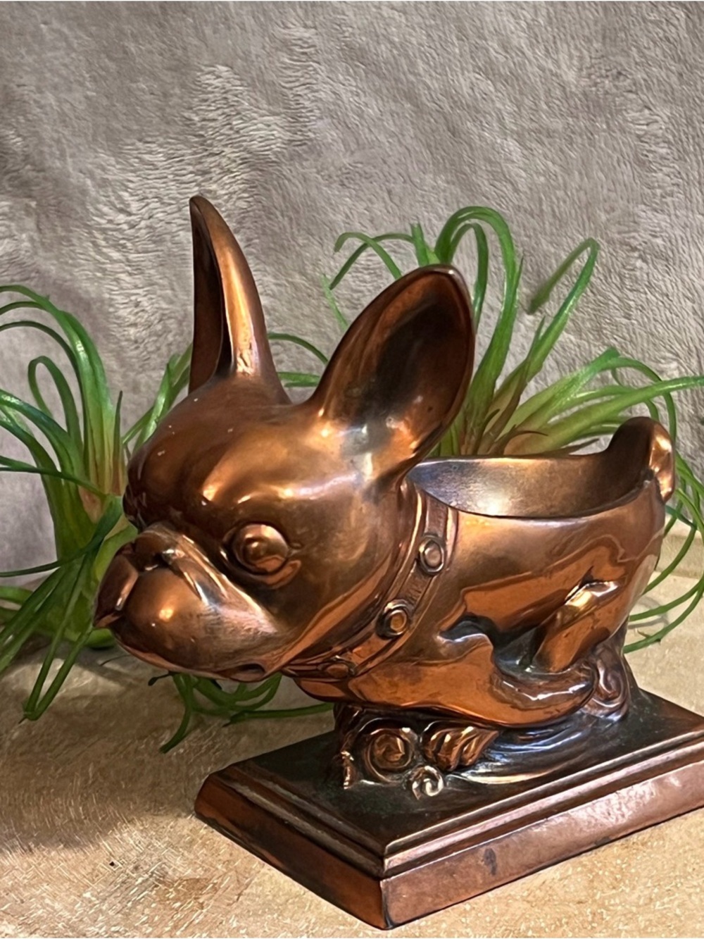 Vintage Copper French Bulldog pipe stand Planter, Air Plant Holder, planter